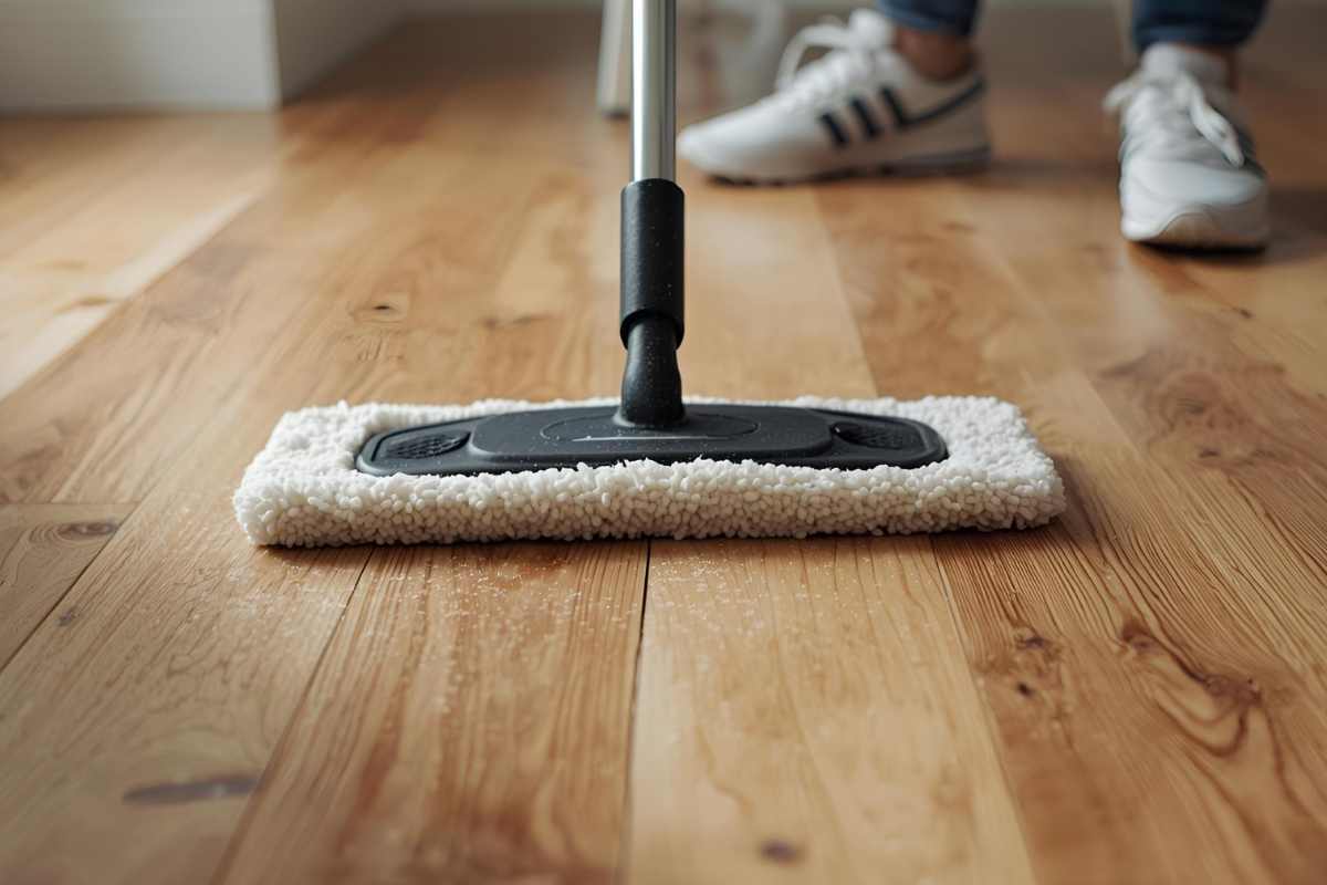 panno in microfibra passato su parquet in legno