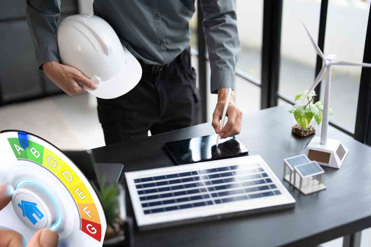 ingegnere che pone una firma su ipad con un casco di protezione in mano